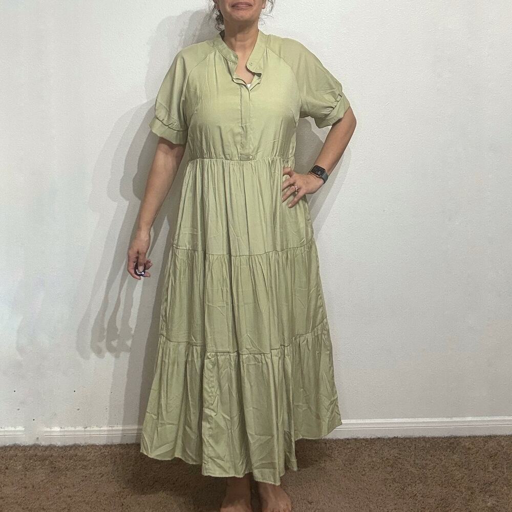 Fashion Sage Green Tiered Maxi Shirt Dress Sz L